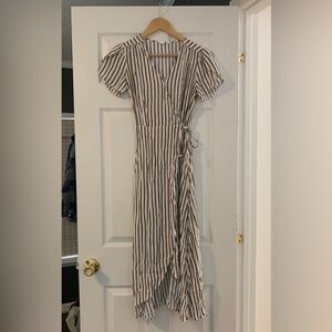 GAP Cream Midi Wrap Dress with Black Stripes